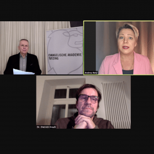 Andrea Betz, Udo Hahn und Dr. Dietrich Krauss bei der Online-Gesprächsveranstaltung zur ZDF-Sendung "DIe Anstalt" am 5.2.2021