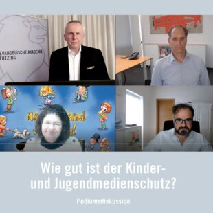 Online-Diskussion am 8. Juni 2021 mit der Medienpädagogin Dr. Maya Götz, dem Vorsitzenden der Direktorenkonferenz der Landesmedienanstalten, Dr. Wolfgang Kreißig, und dem Medienrechtsexperten Prof. Dr. Marc Liesching.
Moderation: Udo Hahn, Direktor der Evangelischen Akademie Tutzing