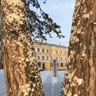 Zwei Bäume im Winter, dahinter Schloss Tutzing (dgr/eat archiv)