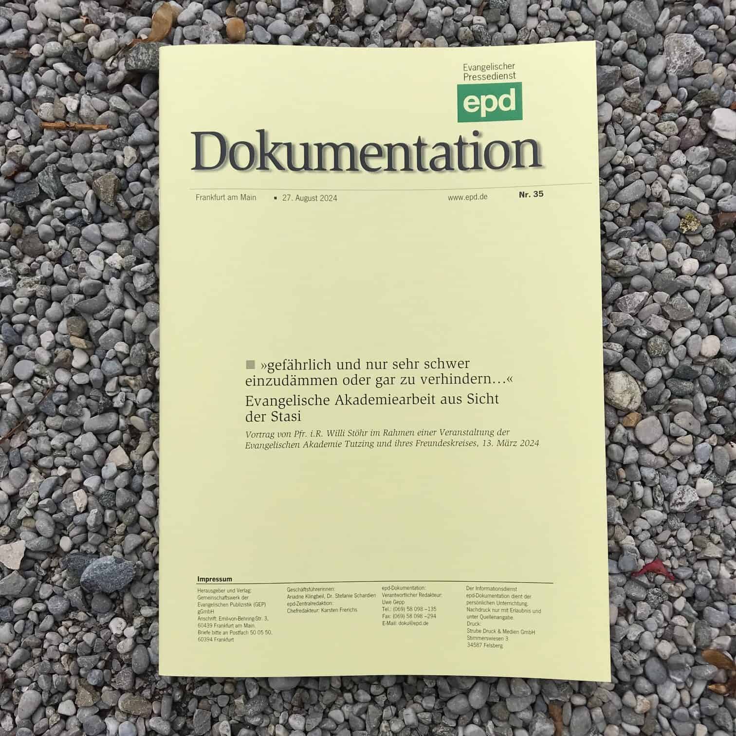 EPD-Dokumentation August 2024: »gefährlich und nur sehr schwer einzudämmen oder gar zu verhindern…« – Evangelische Akademiearbeit aus Sicht der Stasi
Foto: dgr / eat archiv